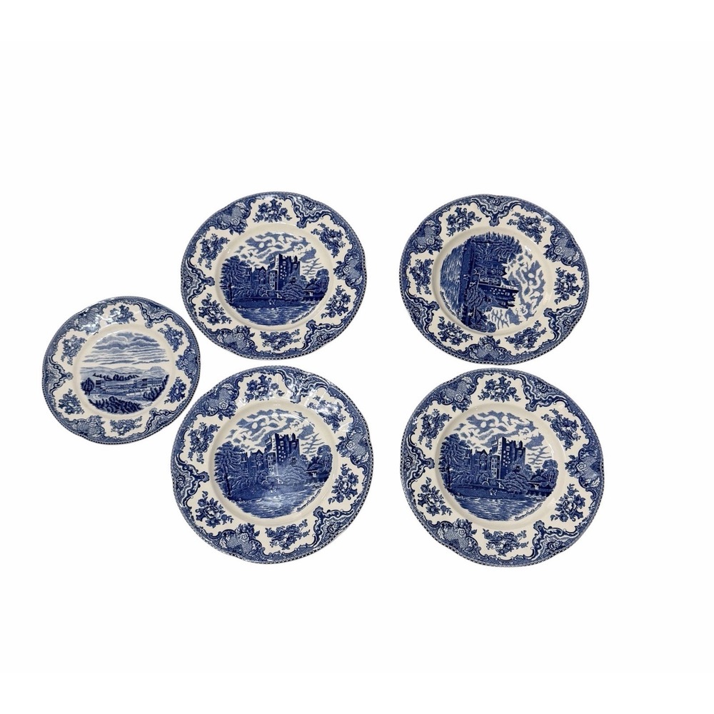 Set 5 Johnson Brothers Old Britain Castles Blue White Dinner Plate England 10"